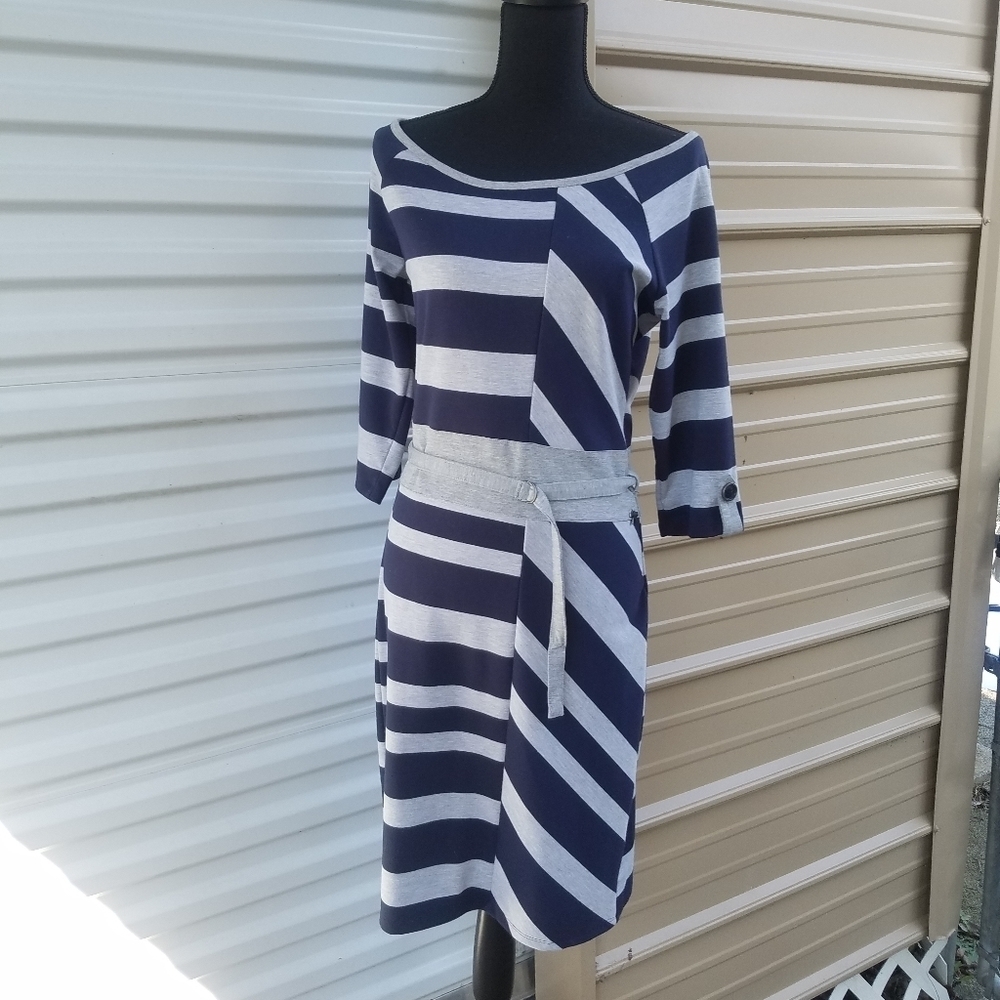 Dept b.v. Blue and Gray stripped belted dress